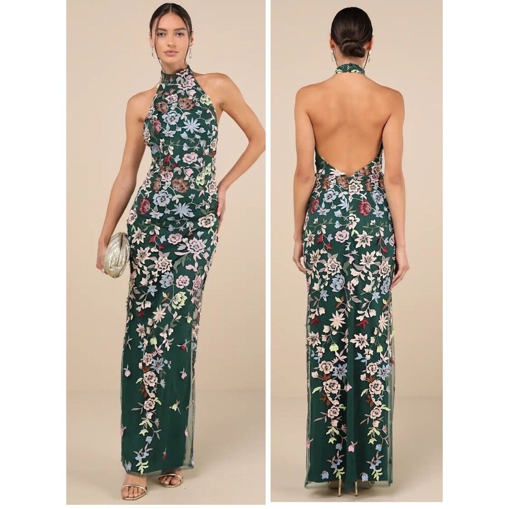 Lulu's Floral Embroidered Green Maxi Dress